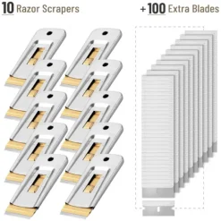 2025 Senaste Modell Bates - Skrapa med metallrakblad, 10-pack, 100 extra blad, kraftig rengöringsskrapa i rostfritt stål