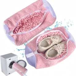 2 st Skotvättmaskinpåse, tvättmaskin- och torktumlartvättväska för skor, återanvändbar skorengöringspåse för sneakers, mikrofiberinsida Pink