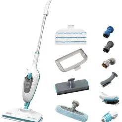 BLACK+DECKER - FSMH13E10-QW - Ångmopp med handrengörare 1300W - 10 tillbehör ingår - 4,8M kabel Vit, blå, grå