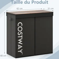 COSTWAY 105 L smutsig tvättkorg, 2 fack, 2 avtagbara foderpåsar, handtag, för badrum, tvättstuga Svart