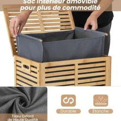 COSTWAY 80L bambu tvättkorg, tvättkorg med lock, foderpåse och handtag, 50 x 35 x 62 cm, natur Naturlig