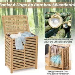COSTWAY 80L bambu tvättkorg, tvättkorg med lock, foderpåse och handtag, 50 x 35 x 62 cm, natur Naturlig