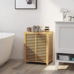 COSTWAY 80L bambu tvättkorg, tvättkorg med lock, foderpåse och handtag, 50 x 35 x 62 cm, natur Naturlig