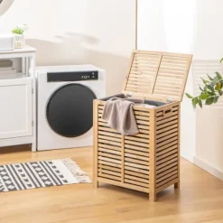 COSTWAY 80L bambu tvättkorg, tvättkorg med lock, foderpåse och handtag, 50 x 35 x 62 cm, natur Naturlig