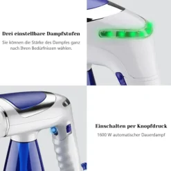 Dampfborste, 1600 W effekt, 250 ml vattentank, hopfällbar design