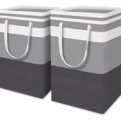 2-delad stor tvättkorg, vattentät, fristående, hopfällbar hög klädkorg med förlängt handtag - (Gradient Grey, 75 liter)