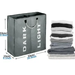 Dubbel tvättkorg med lock och löstagbara tvättsäckar Ljusgrå M Light Gray M