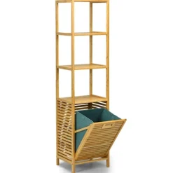 Högt badrumsskåp med tvättkorg av bambu med hyllplan perfekt för badrum 40 x 33 x 160 cm natur