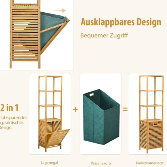 Högt badrumsskåp med tvättkorg av bambu med hyllplan perfekt för badrum 40 x 33 x 160 cm natur