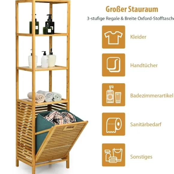 Högt badrumsskåp med tvättkorg av bambu med hyllplan perfekt för badrum 40 x 33 x 160 cm natur