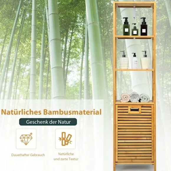 Högt badrumsskåp med tvättkorg av bambu med hyllplan perfekt för badrum 40 x 33 x 160 cm natur