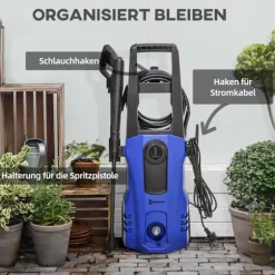Högtryckstvätt Med Rullar Inkl. 5 St. Tillbehör, 150 Bar Arbetstryck, Med 6 M Högtrycksslang, 1800 W, Max Vattenmängd: 510 L/H Blå