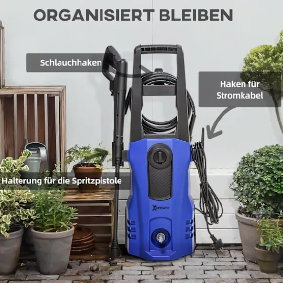 Högtryckstvätt Med Rullar Inkl. 5 St. Tillbehör, 150 Bar Arbetstryck, Med 6 M Högtrycksslang, 1800 W, Max Vattenmängd: 510 L/H Blå