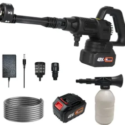 Högtryckstvätt, 150W effekt, 10bar tryck, 3,6L/min vattenflöde,Svart 2x Batteri, Batteridriven