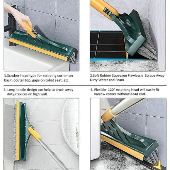2-i-1 Golvborste med Långt Handtag och 3 Stänger 101cm Fogborste med Skrapa och Hård Borstskrapa med 120 Squeegee Roterande Kakelborste