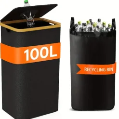 100L/26 Gallon Insamlingskärl för inomhusbruk med innerpåse, tillverkad av rivtålig 600D Oxford-tyg, används för att samla in olika flaskor och kartonger i köket. Black | Fyndiq