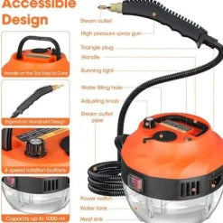 (Orange) Portabel ångrengörare, Brillsten, 2500 W, 1350 ml, 3 borsthuvuden, högt tryck Orange