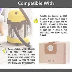 10-pack dammsugarpåsar för Karcher 6.959-130.0 WD3 WD3P MV3 A2204 A2254 A2604 Ersättningsfilterpåsar i papper för våt- och torrdammsugare, damm B