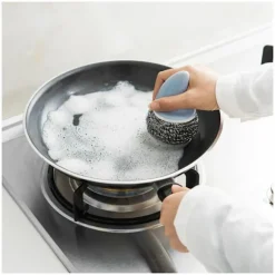 Rostfria stålullssvampar med hajfenformad stålskaft rengöringsborste utbytbar metallskrubb skrubb för att diska skålar 3 stycken