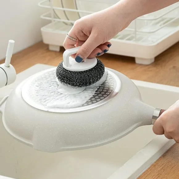 Skrubbsvamp med handtag, rostfritt ståltrådsbollssvamp