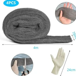 Ståltråd, 4 st 0000 stålull, 16m 100g Anti-mus stålull, Rengöringstråd för rengöring och polering av trä och glas, levereras med handskar
