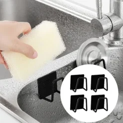 Svampställ i rostfritt stål, diskbänkssvampställ, självhäftande svamphållare, diskbänkssvamphållare, 4 stycken, svart 5*5cm
