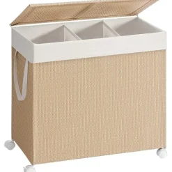 Tvättkorg med 3 sektioner, stor 140 l, med hjul, naturbeige och mattvit