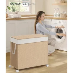 Tvättkorg med 3 sektioner, stor 140 l, med hjul, naturbeige och mattvit