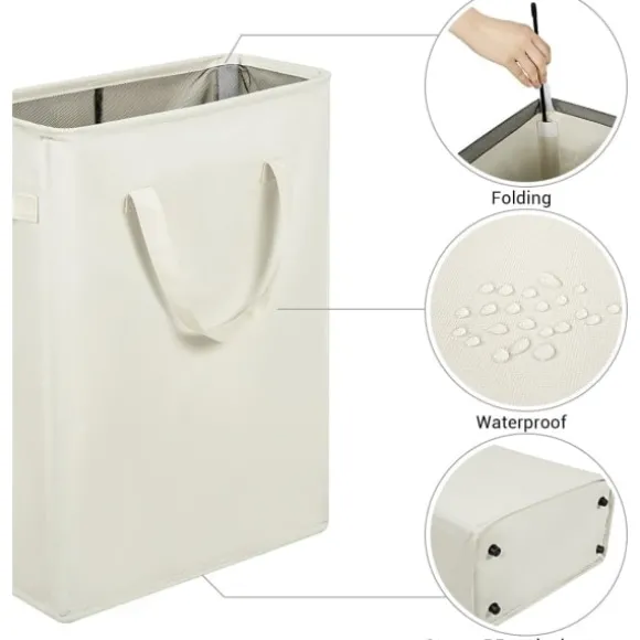 Ultratunn tvättkorg med handtag, vikbar korg för smutsiga kläder, smal påse, hopfällbar, 45 l (53,34 cm, beige)