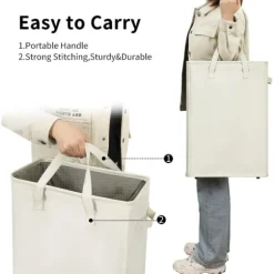 Ultratunn tvättkorg med handtag, vikbar korg för smutsiga kläder, smal påse, hopfällbar, 45 l (53,34 cm, beige)