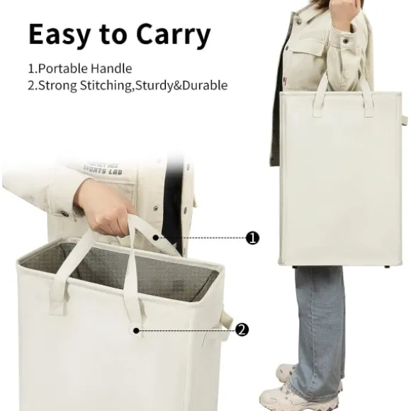 Ultratunn tvättkorg med handtag, vikbar korg för smutsiga kläder, smal påse, hopfällbar, 45 l (53,34 cm, beige)