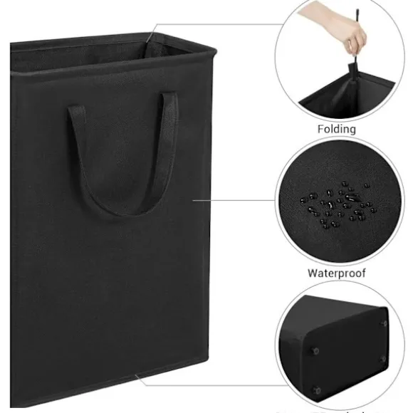 Ultratunn tvättkorg med handtag, hopfällbar liten tvättkorg, tunn smutstvättkorg, smal tvättpåse, hopfällbar smutstvättkorg (svart)-FM- black