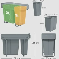 Utdragbar soptunna för kök, 2 avtagbara hinkar, 30 l, metall