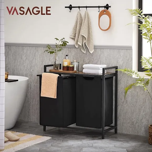 Vasagle tvätthämma, tvätthamper, 2 enkla utdragbara och avtagbara, brun och svart