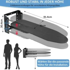 Väggmonterat Strykbord 92x31cm Väggmonterat Litet utrymme - HÖJDJUSTERING - för Ångstrykjärn/elektriskt - Svart