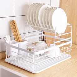 2-vånings diskställ köksbänk tallrik avrinningsställ förvaringsorganisatör med avrinningsbricka och bestickhållare - Vit White