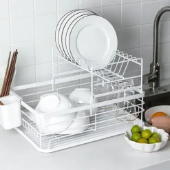 2-vånings diskställ köksbänk tallrik avrinningsställ förvaringsorganisatör med avrinningsbricka och bestickhållare - Vit White