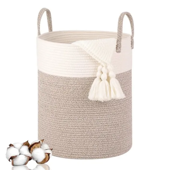Vävda tvättkorg i bomull, 53L tvättkorg med handtag, 46x38cm